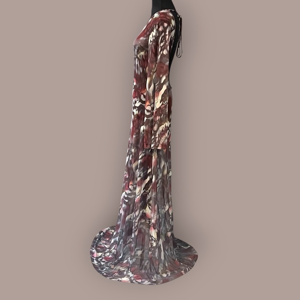 Sheer Mesh Abstract Print Maxi Dress Open Back Tie Neck Bell Sleeve Boho Y2K M/L - Picture 8 of 16